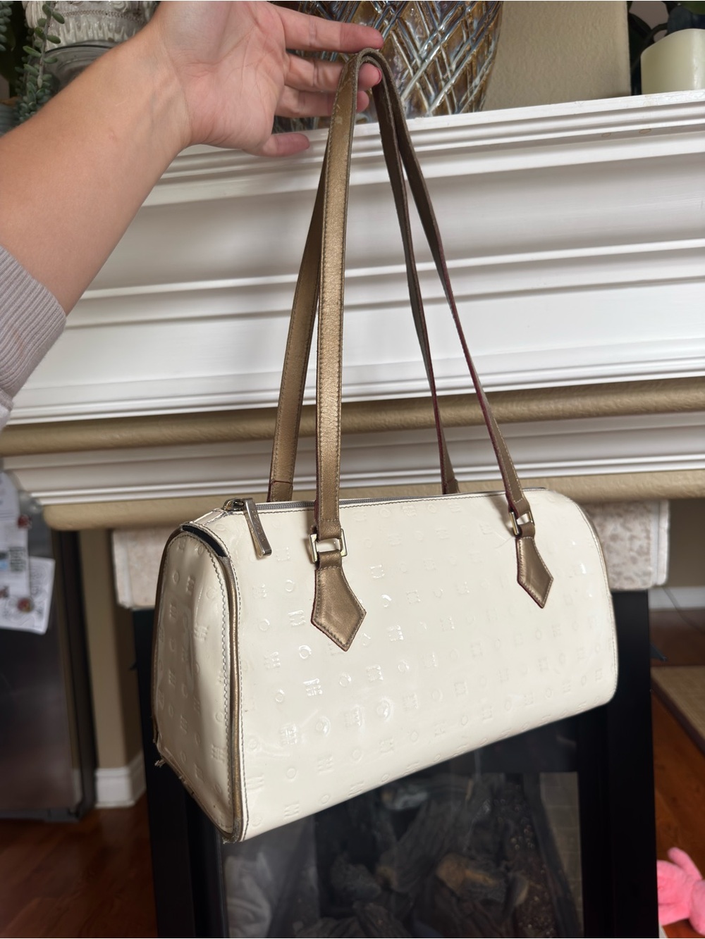 Arcadia White Embossed Logo Patent‎ Leather Shoulder Baguette Bag Y2K